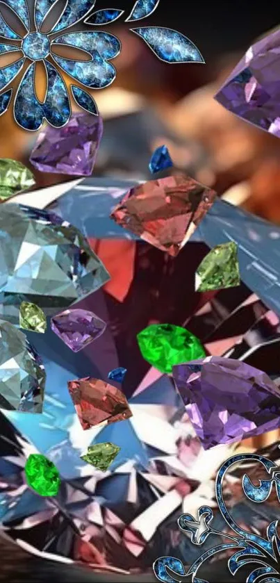 Colorful gemstones in a fantasy-themed mobile wallpaper.