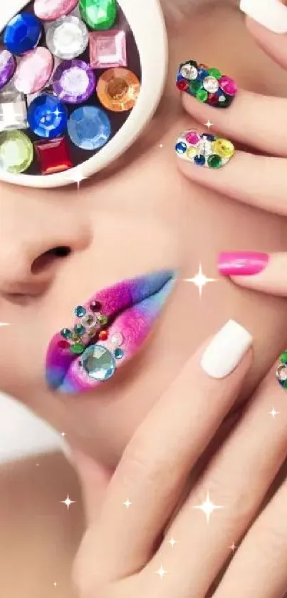 Colorful gemstone fashion wallpaper featuring creative makeup and nail art.