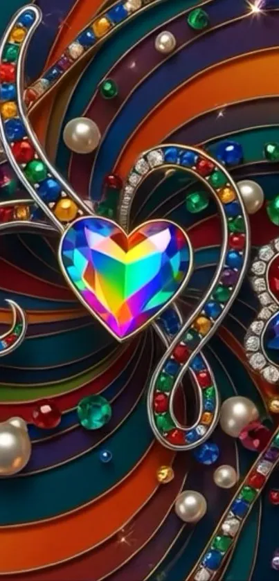 Vibrant heart design with gems and pearls on colorful swirled background.