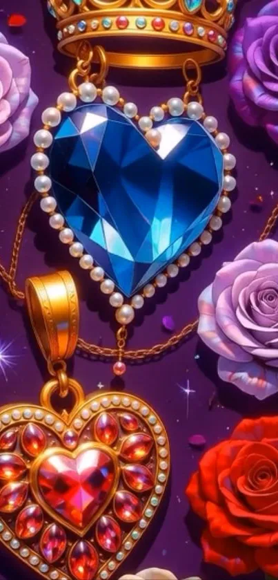 Gemstone heart pendants with colorful roses background.