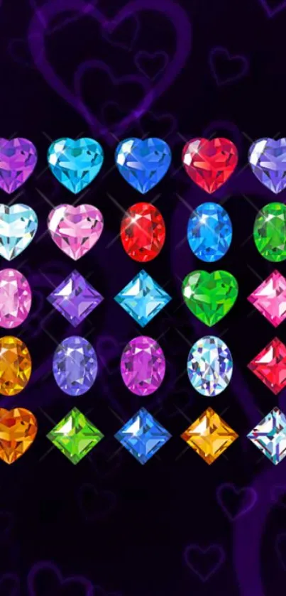 Colorful heart-shaped gemstones on a dark purple background.