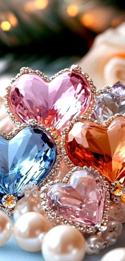 Colorful heart-shaped gemstone wallpaper with pearl accents.