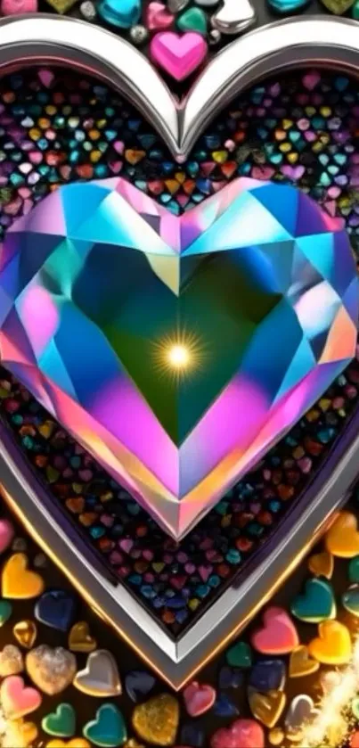 Vibrant heart-shaped gemstone with multicolored sparkle on a decorative background.