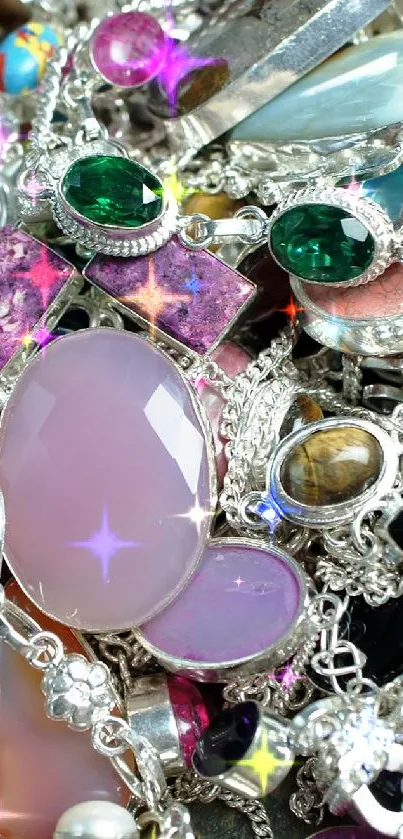 Vibrant mobile wallpaper with colorful gemstones and silver jewelry.