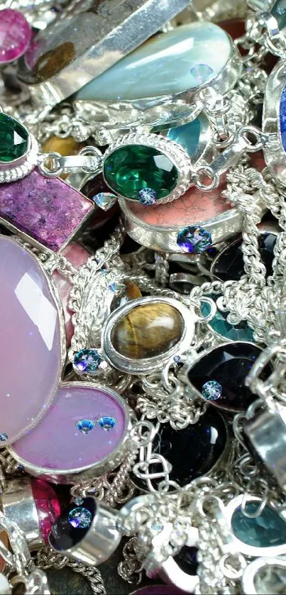 Colorful gemstones and silver chains creating a vibrant mobile wallpaper.