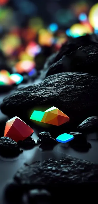 Colorful gemstones on wet dark rocks with vibrant lighting.