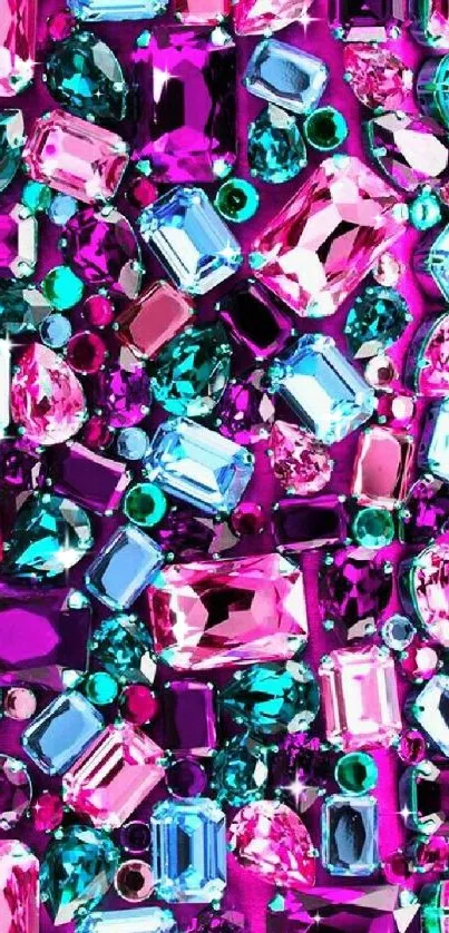 Colorful gemstone pattern wallpaper with pink, blue, and turquoise stones.