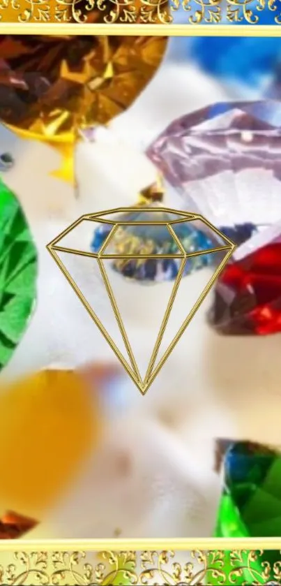 Colorful gemstones with gold border, enhancing mobile elegance.