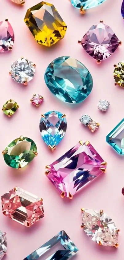 Colorful gemstones on a pink background.