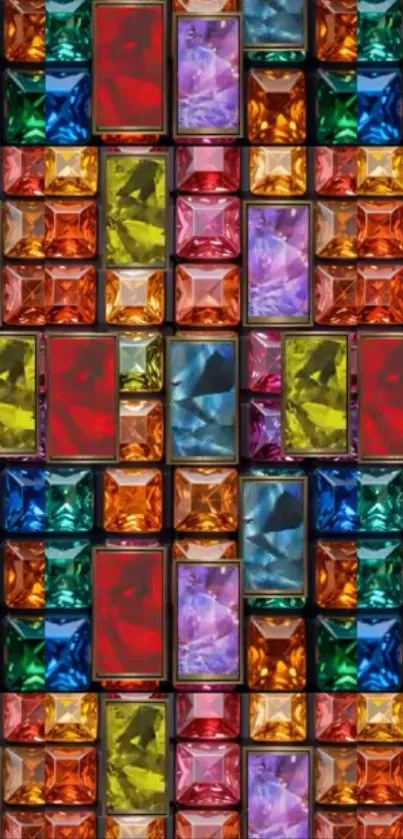 Vivid gemstone mosaic wallpaper with red, purple, and blue hues.