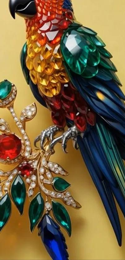 Colorful gemstone parrot artwork on a yellow background