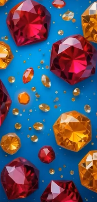 Colorful gemstone pattern on blue wallpaper.