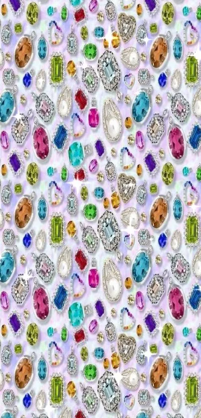 Mobile wallpaper with colorful gemstones and jewels on a white background.