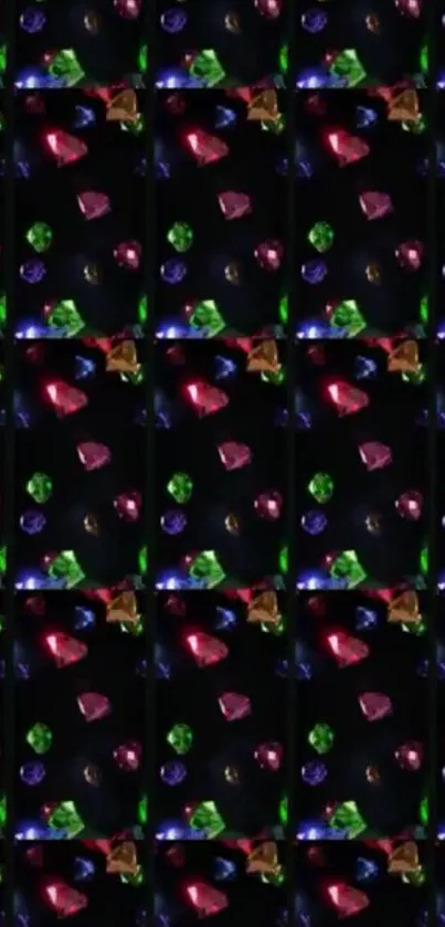 Colorful gemstones on a dark pattern background.