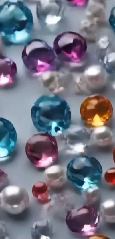 Colorful gemstones scattered on a light background, creating a sparkling pattern.
