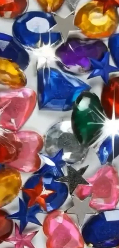 A vibrant collection of colorful gemstones and stars with a sparkling finish.