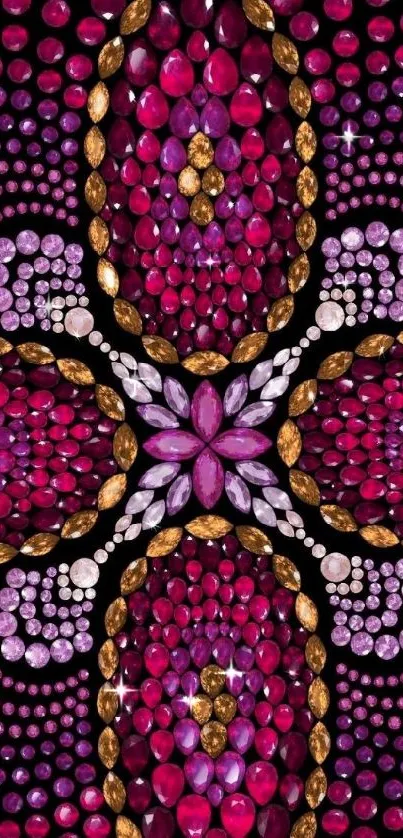 Colorful gemstone pattern with pink, purple, and gold on a dark background.