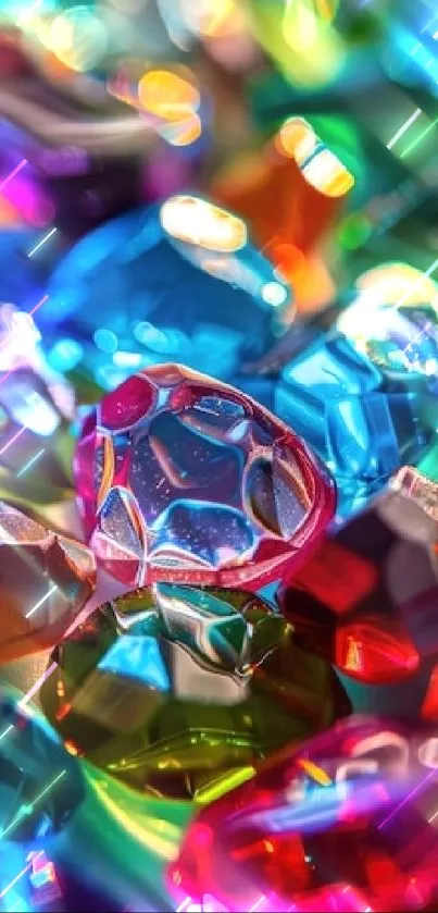 Sparkling gemstones in vibrant colors with light reflections.