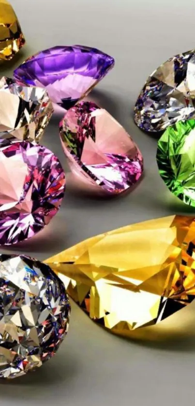 Colorful gemstones scattered, creating a vibrant and sparkling mobile wallpaper design.