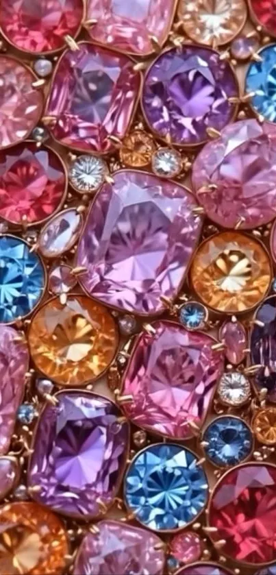 A vibrant collection of colorful gemstones in pink, blue, and orange hues.