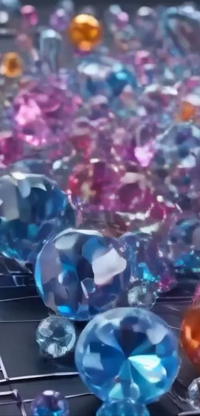 Blue, pink, and orange gemstones on a digital wallpaper.