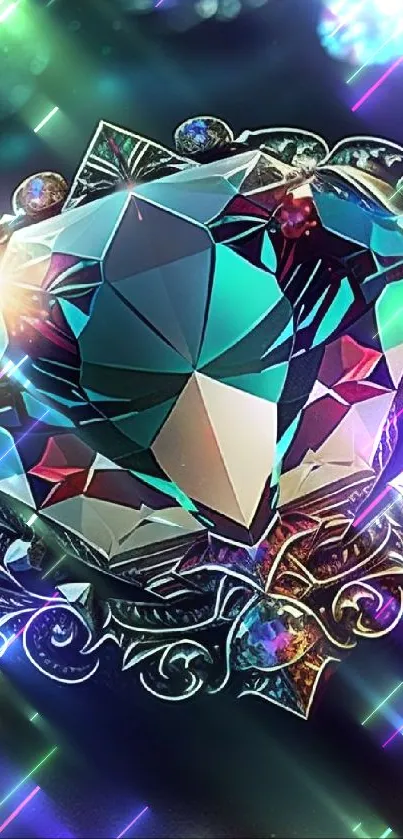 Vibrant gemstone artwork on dark background.