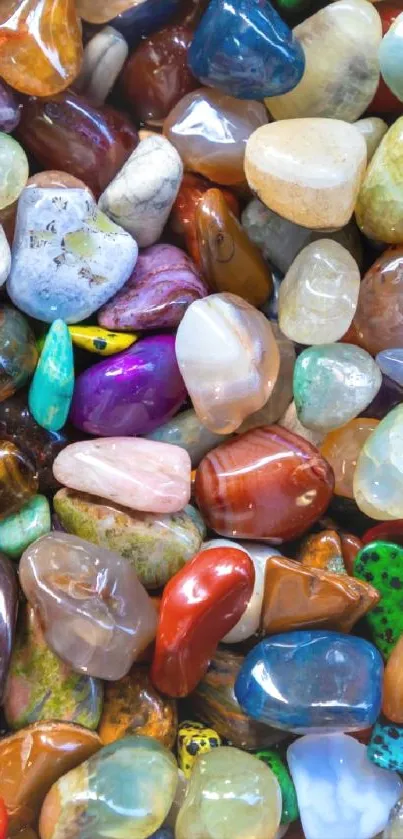 Vibrant array of polished colorful gemstones arranged beautifully.