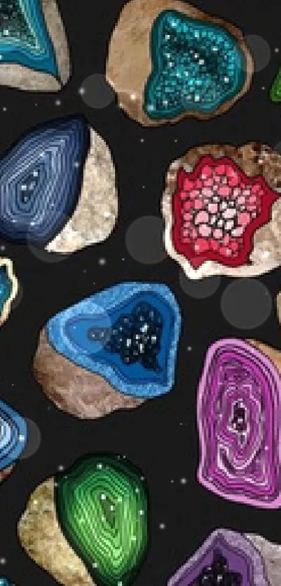 Mobile wallpaper of colorful geode stones on a black background.