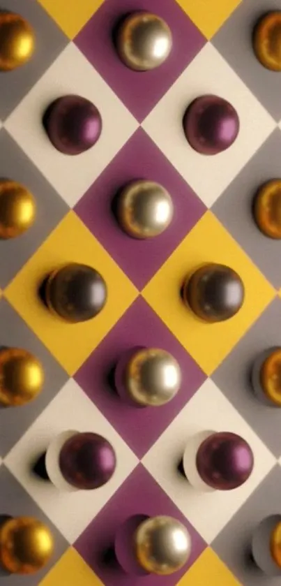 3D geometric wallpaper with gold, purple, and gray spheres on a diamond pattern.