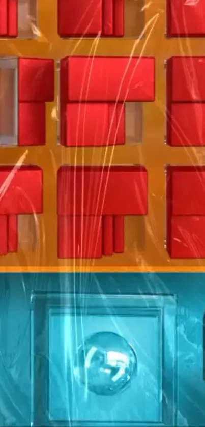 Colorful geometric abstract art wallpaper with red and blue hues.