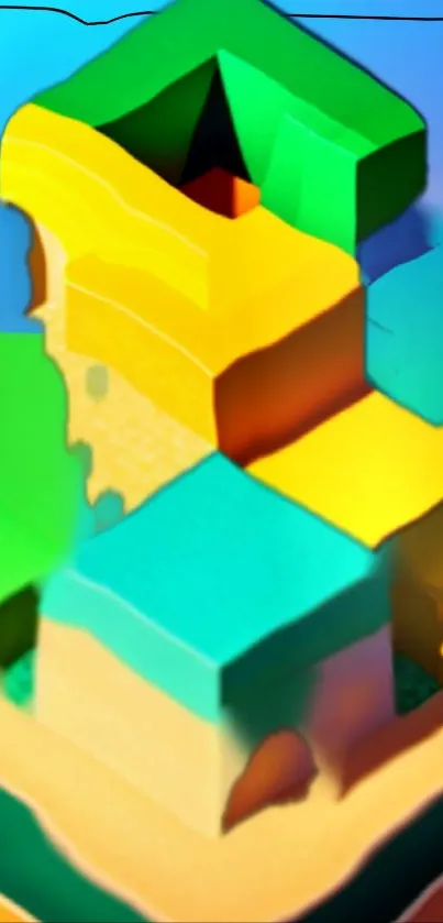 3D geometric blocks in green, yellow, and blue hues.