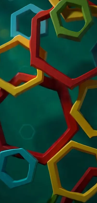 Colorful geometric shapes with teal background.