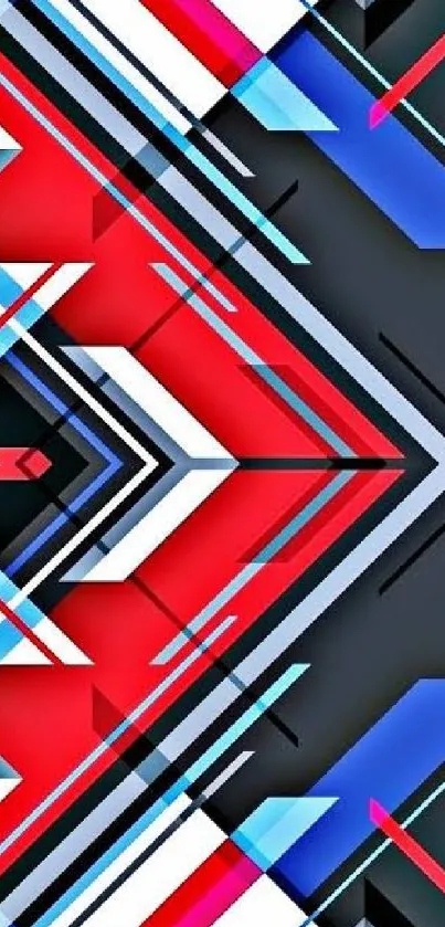 Vibrant geometric abstract wallpaper with red, blue, and black colors.