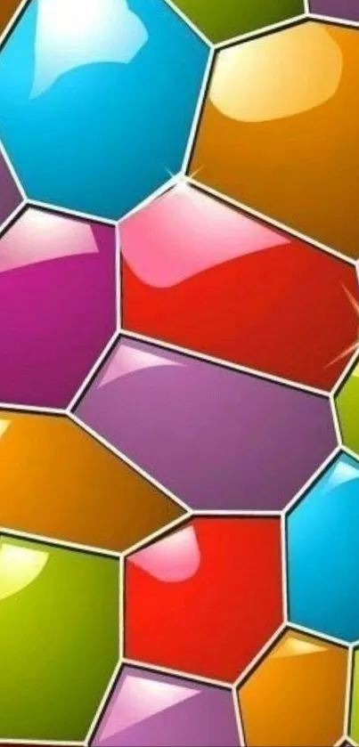 Colorful geometric shapes create a vibrant abstract wallpaper design.