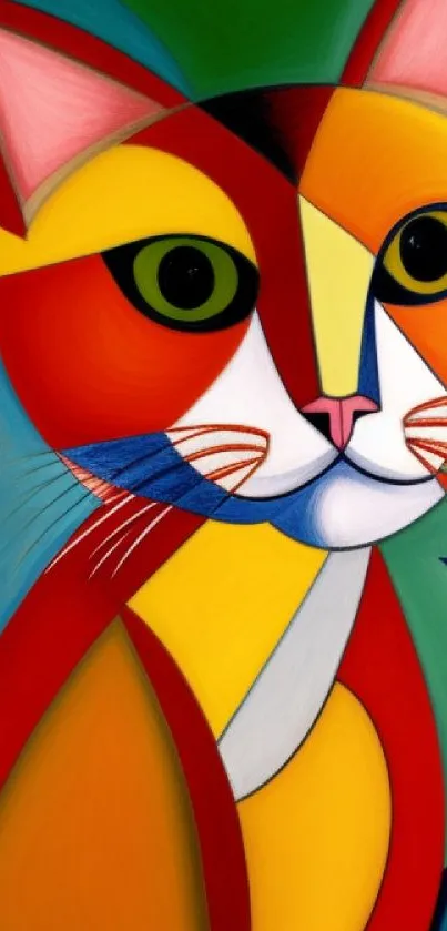 Colorful geometric cat artwork with vibrant hues.