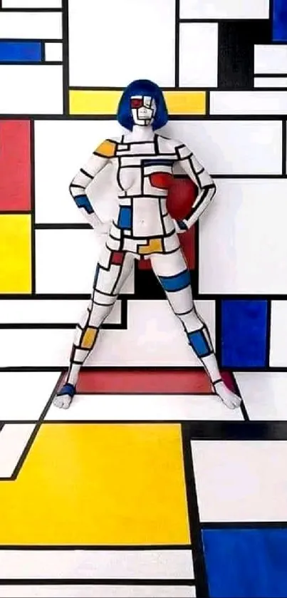 Colorful geometric art wallpaper with Mondrian style design.