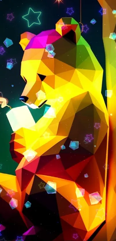 Colorful geometric bear with a modern design, sitting with vibrant colors.