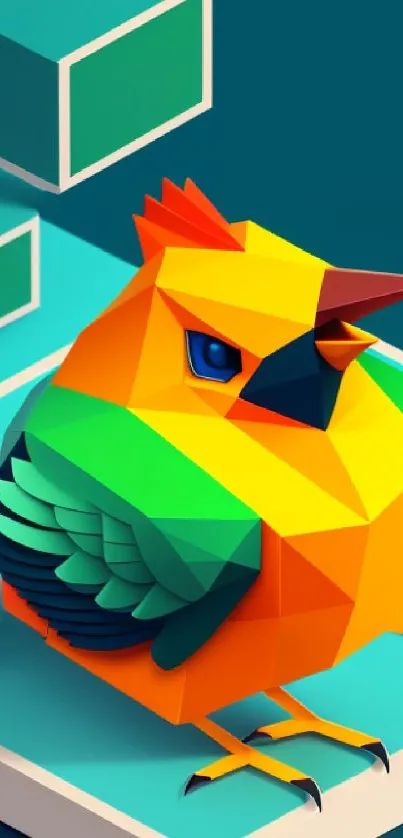 A vibrant geometric bird in colorful abstract art style on a teal background.