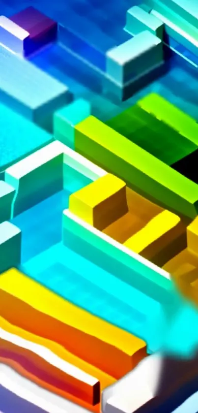 Colorful 3D geometric abstract wallpaper with blue, green, and yellow blocks.