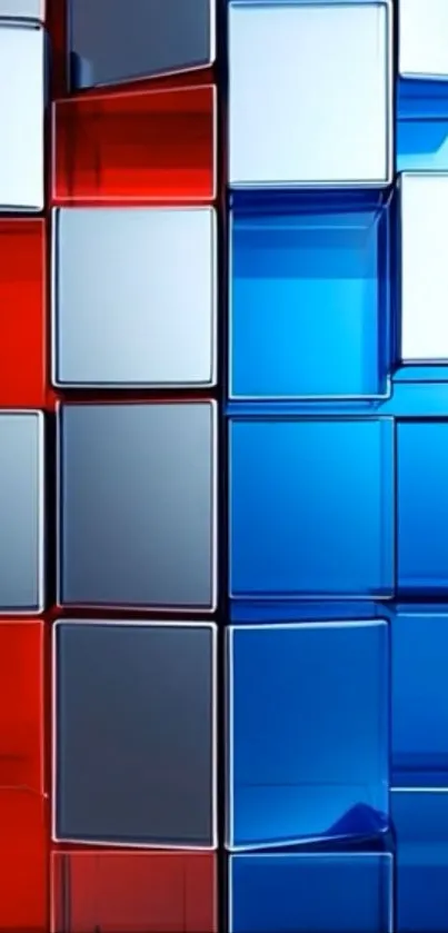 Colorful geometric blocks in red and blue hues.