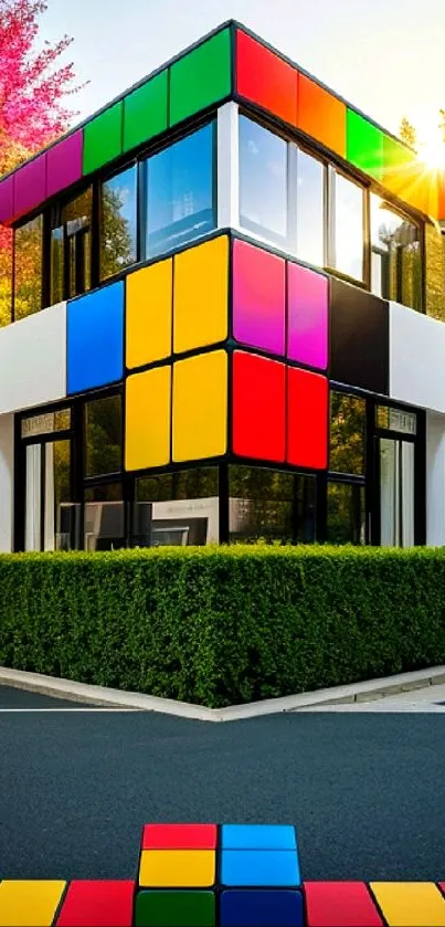 Vibrant geometric building with colorful patterns and modern design.