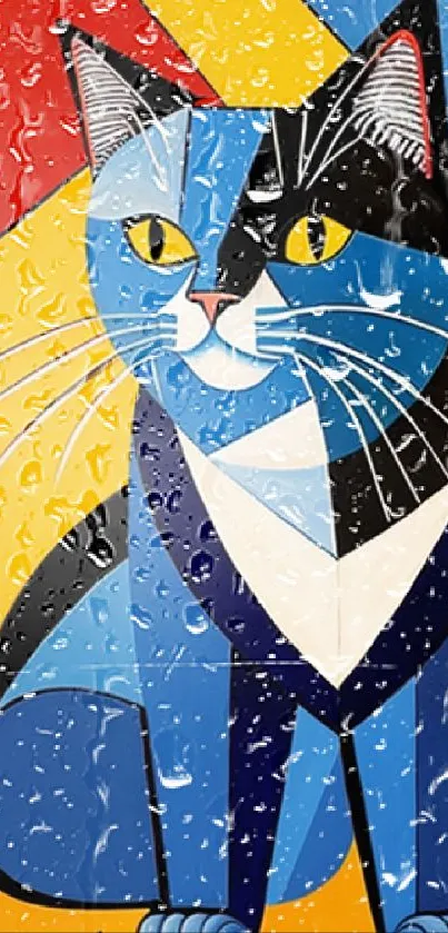 Vibrant geometric cat art wallpaper with colorful abstract design.