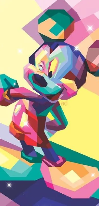 Colorful geometric art of an animated character with vibrant shapes.