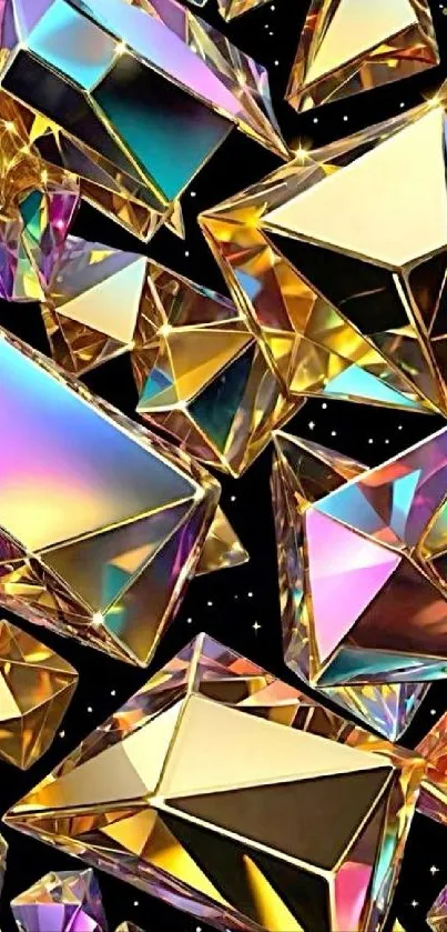 Colorful geometric crystal art with gold and vibrant hues.