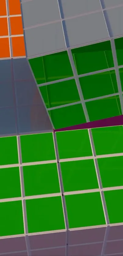 Colorful geometric cube design wallpaper with green tiles.
