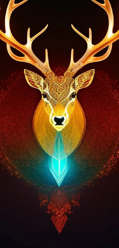 Colorful geometric deer with glowing blue and gold tones on a dark background.