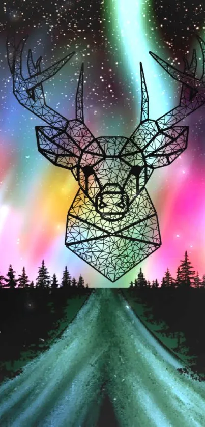 Colorful geometric deer with aurora backdrop.