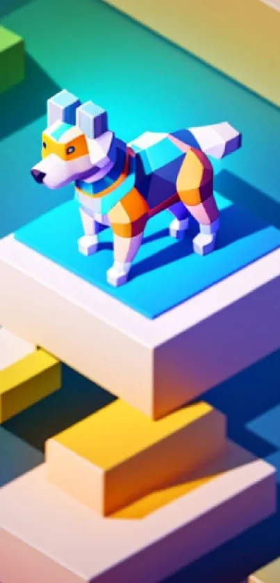 Abstract geometric dog on colorful 3D blocks background.