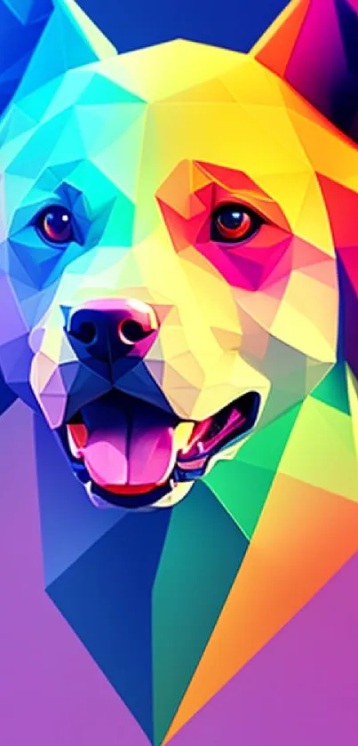 Vibrant geometric dog face art with colorful patterns.