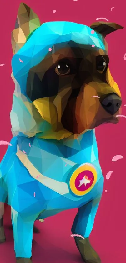 Colorful geometric dog in a spacesuit against a pink background.